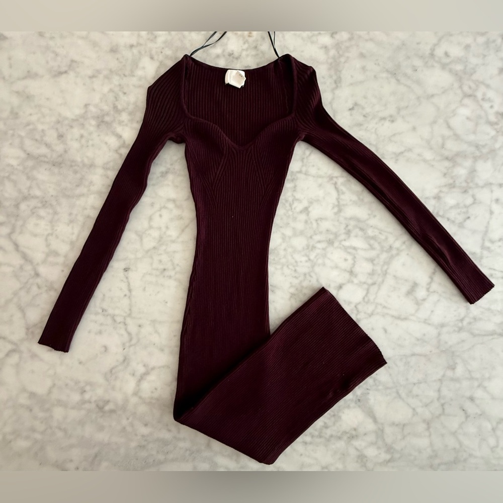 Burgundy Long Sleeve Ribbed Dress